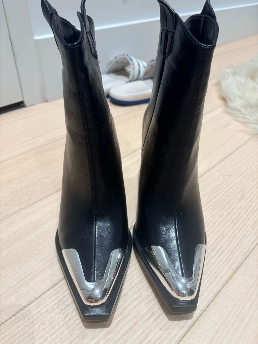 Black Leather Pointed Ankle Boots with Silver Metal Toe Accent
